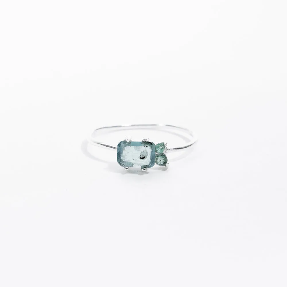 Silver Chalcedony and Blue Tourmaline Faceted Square Ring