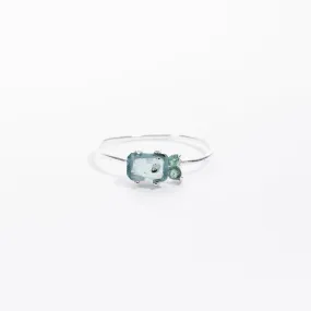 Silver Chalcedony and Blue Tourmaline Faceted Square Ring