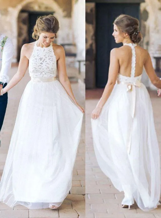 Simple Jewel Chiffon Lace Top Wedding Dress Lace Tulle Beach Wedding Dress with belt