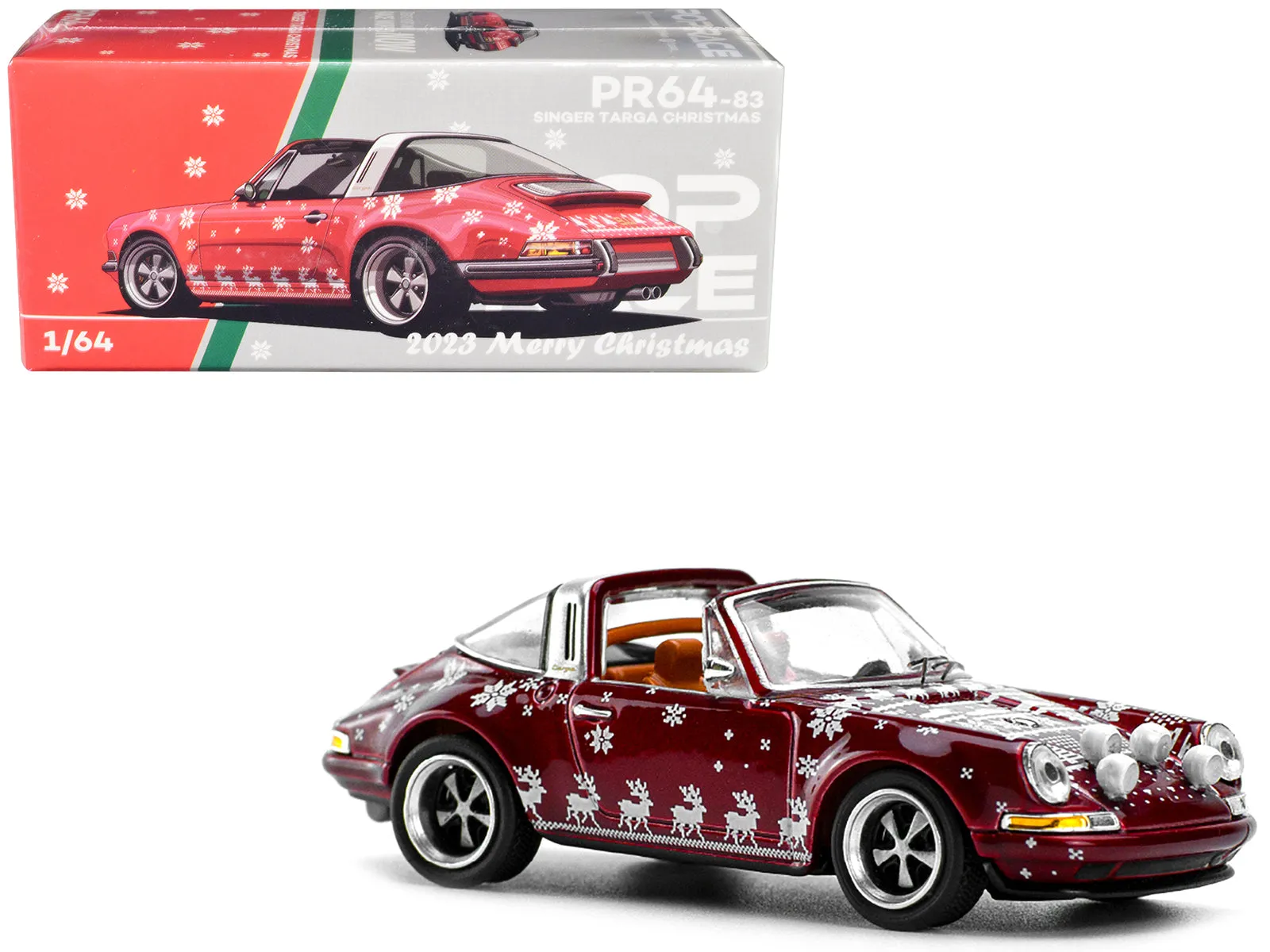 Singer Targa Red Metallic with Graphics 2023 Merry Christmas 1/64 Diecast Model Car by Pop Race