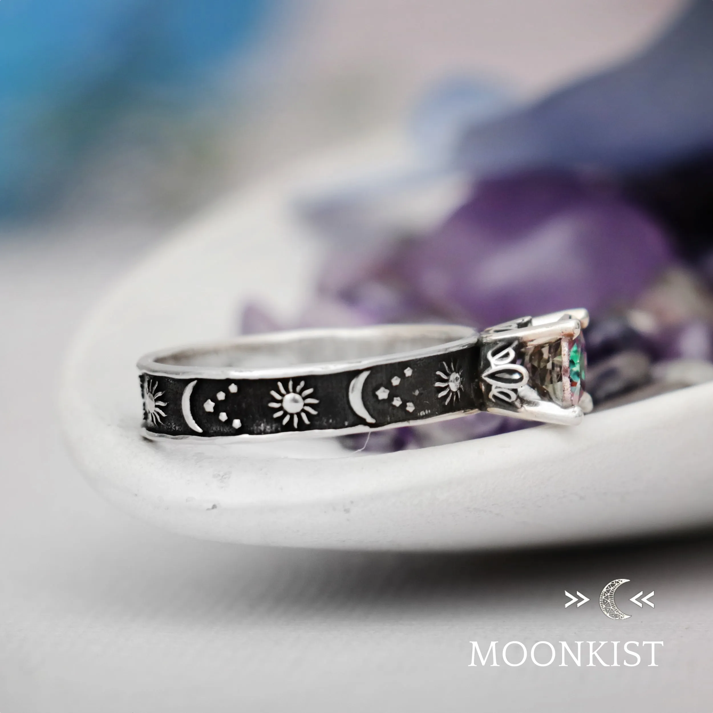 Sterling Silver Womens Moon and Stars Engagement Ring  | Moonkist Designs