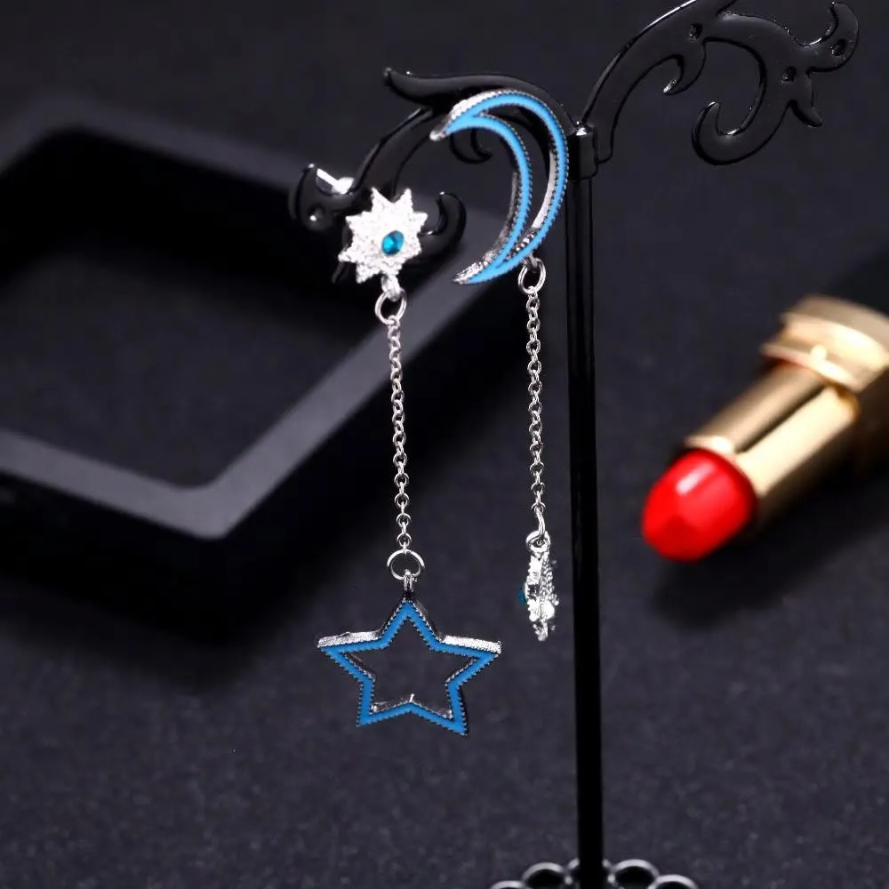 Stylish Asymmetrical Blue Moon Star Silver Drop Earrings