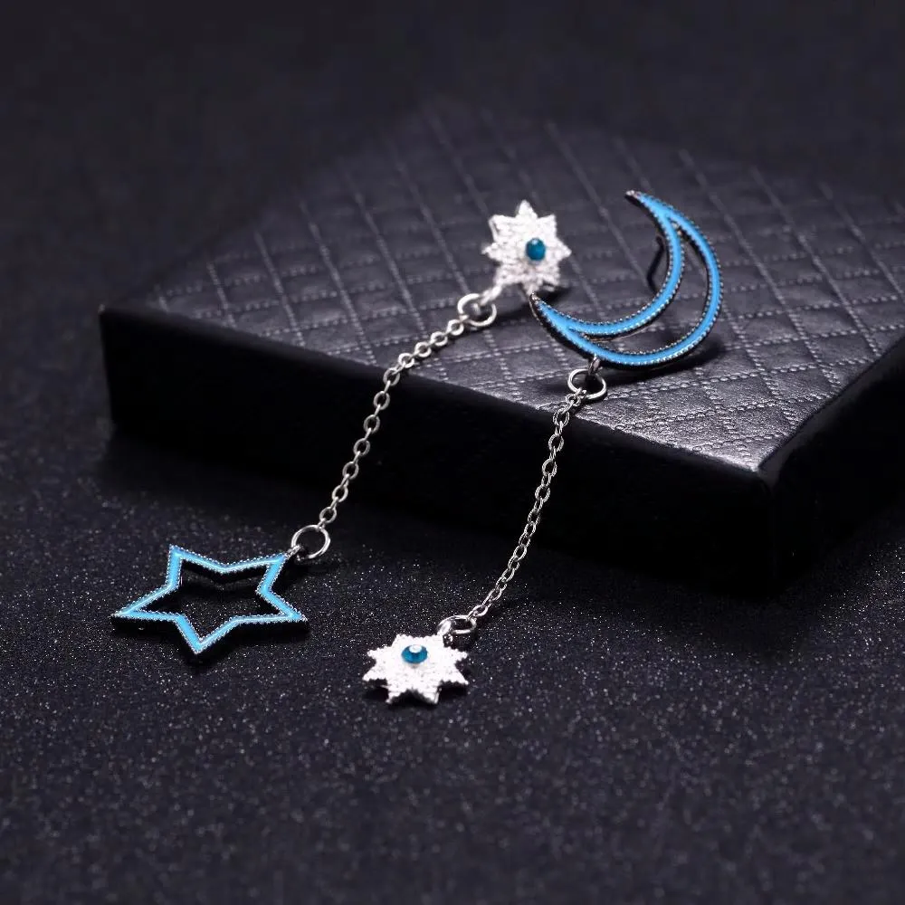 Stylish Asymmetrical Blue Moon Star Silver Drop Earrings