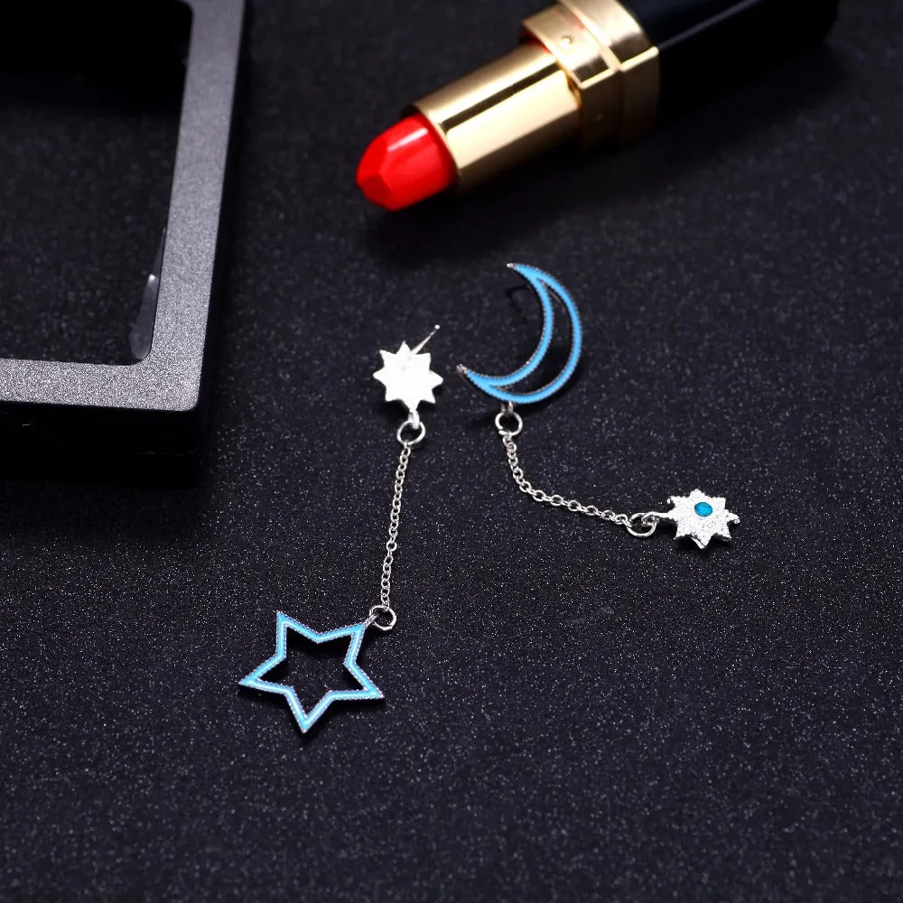 Stylish Asymmetrical Blue Moon Star Silver Drop Earrings