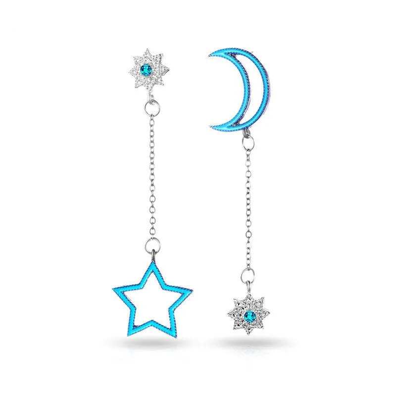 Stylish Asymmetrical Blue Moon Star Silver Drop Earrings