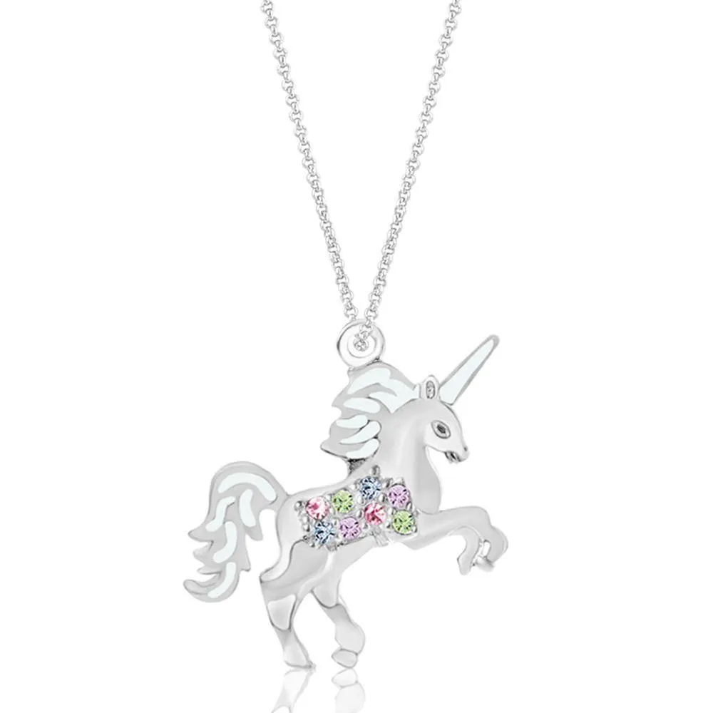 Unicorn Crystal Enamel White Gold Palladium Plating Girl's Pendant Necklace