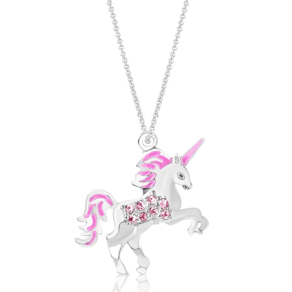 Unicorn Crystal Enamel White Gold Palladium Plating Girl's Pendant Necklace