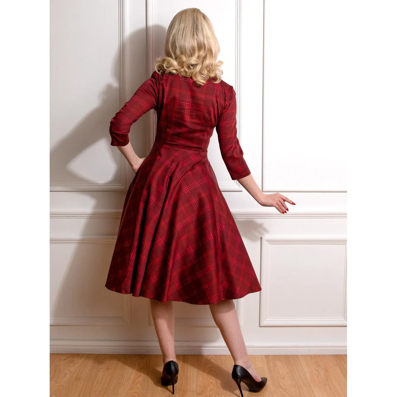 Vintage Red Check 3/4 Sleeve Collar Burns Swing Dress