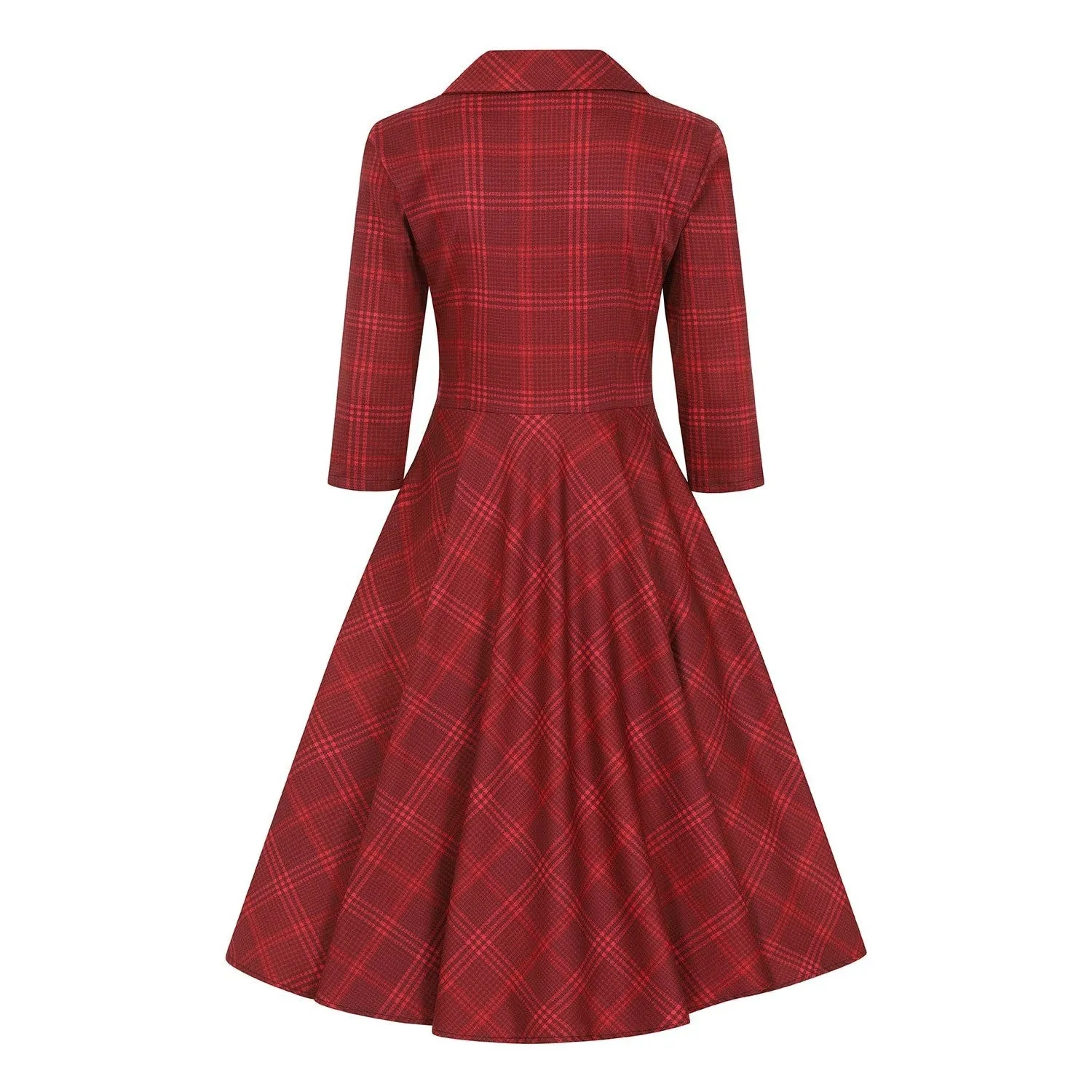 Vintage Red Check 3/4 Sleeve Collar Burns Swing Dress