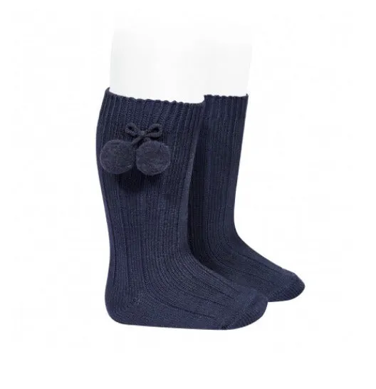 WARM COTTON RIB KNEE-HIGH SOCKS WITH POMPOMS BLUE NAVY