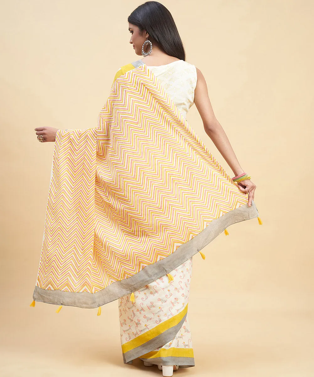 White grey cotton hand block sanganeri printed saree