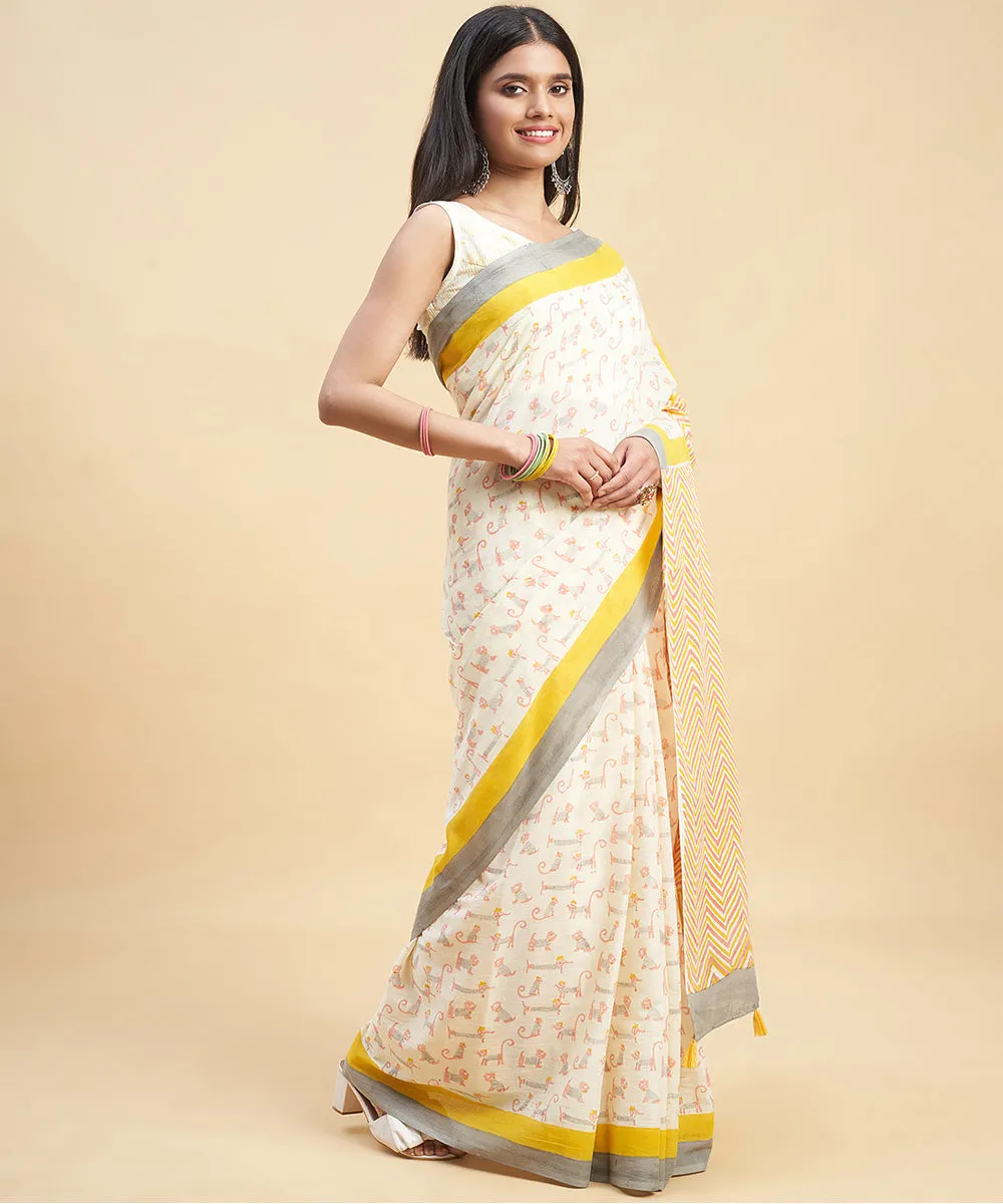 White grey cotton hand block sanganeri printed saree