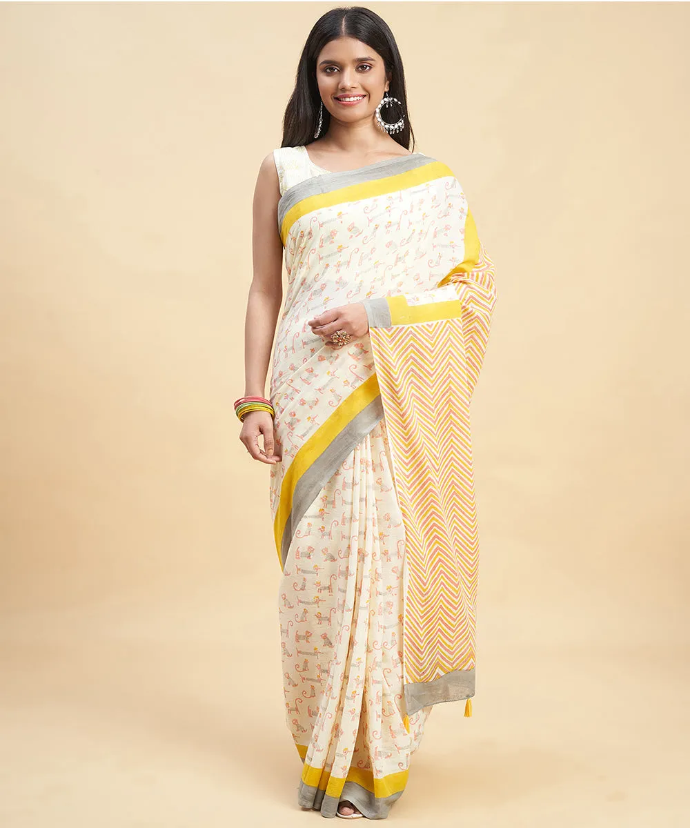 White grey cotton hand block sanganeri printed saree