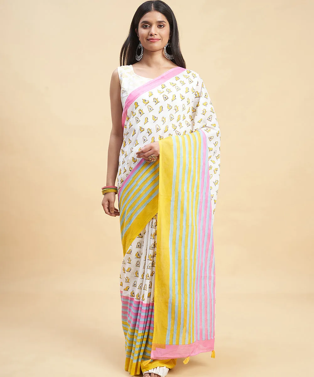 White pink hand block sanganeri printed cotton saree