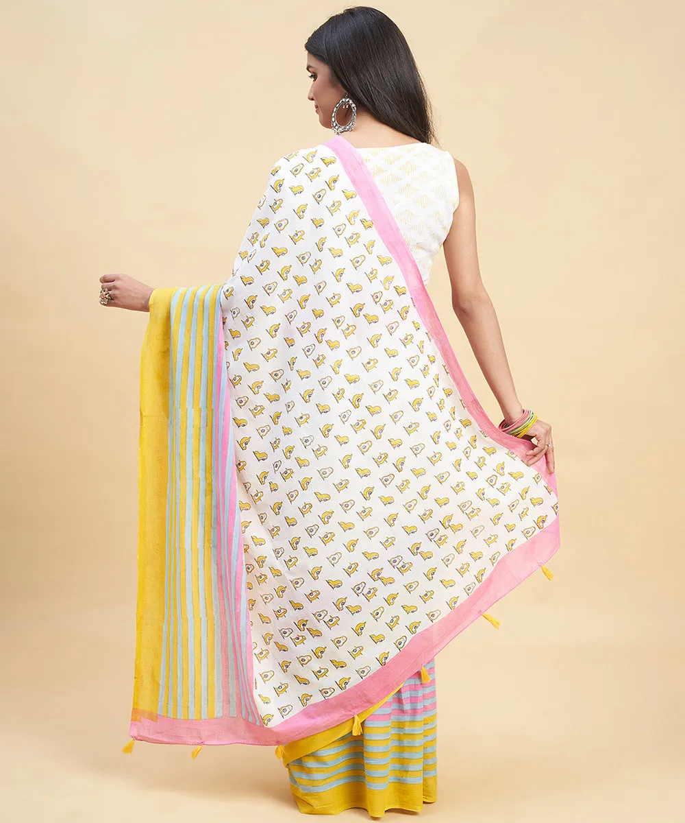 White pink hand block sanganeri printed cotton saree