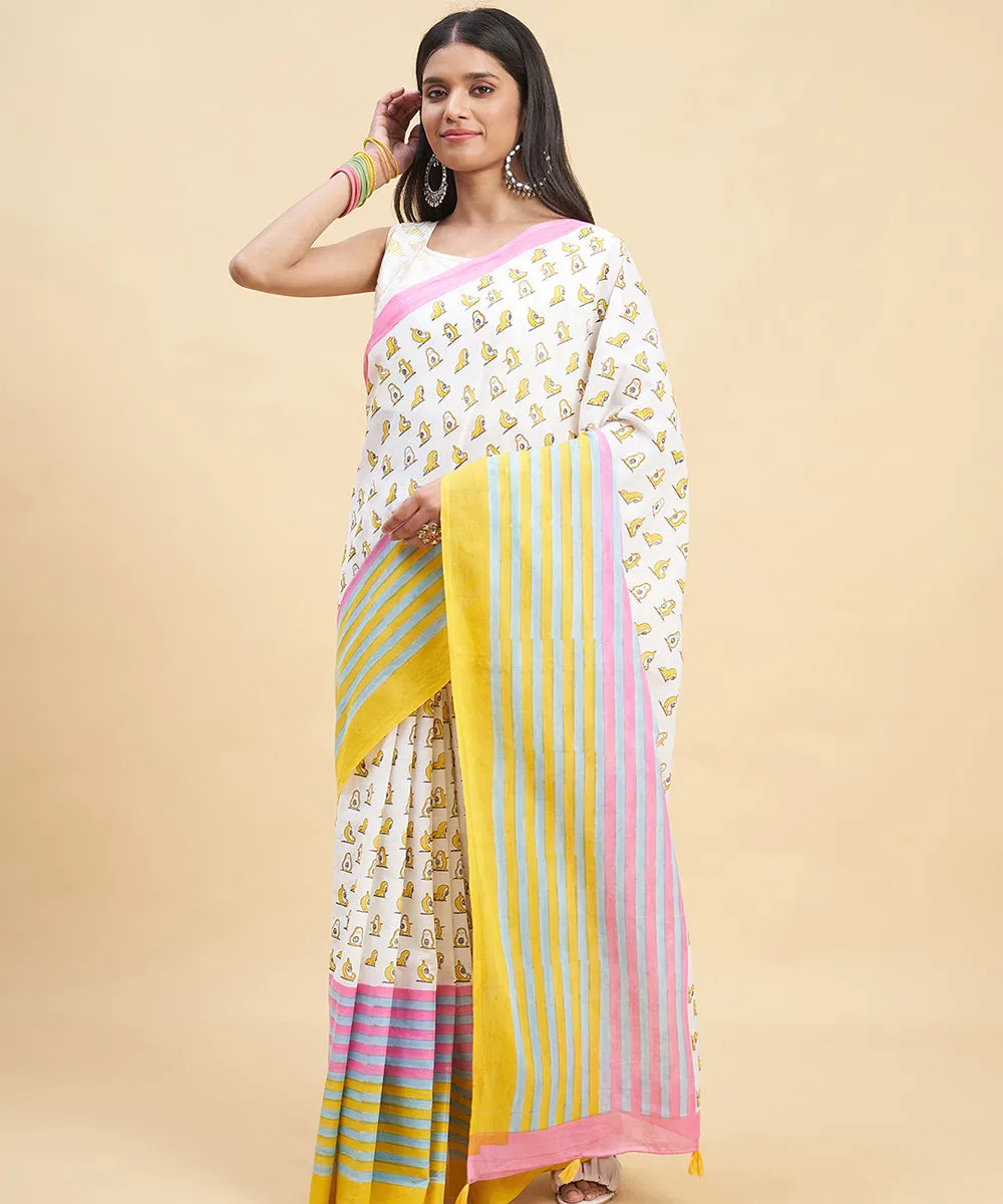 White pink hand block sanganeri printed cotton saree