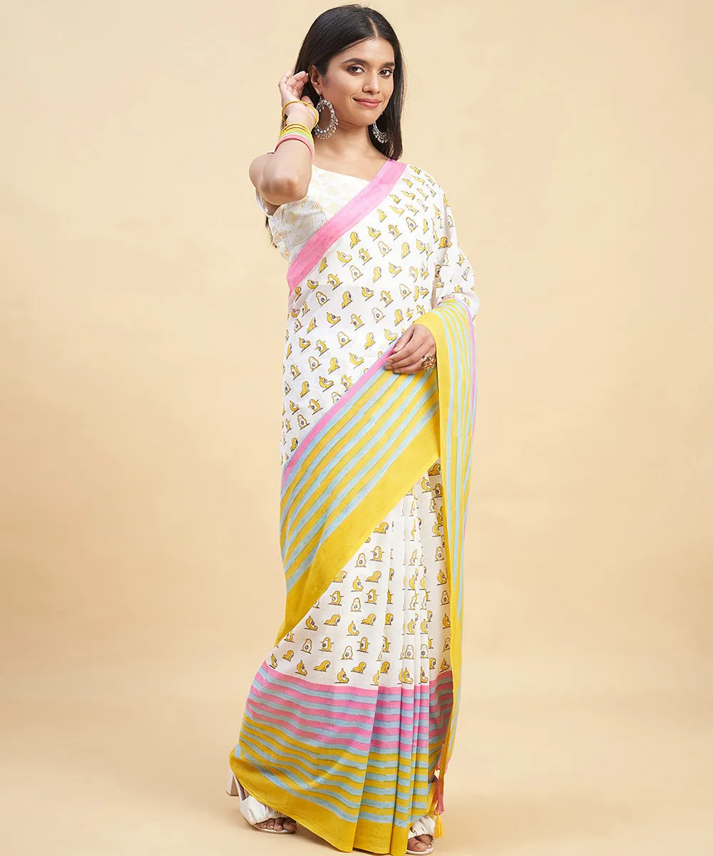 White pink hand block sanganeri printed cotton saree