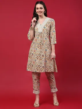 Women Beige Floral Printed Co-Ord Set