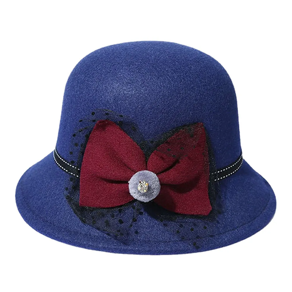 Women Winter Outdoor Cool Protection Warm Top Hat Felt Bow Decoration Lace Fedora Hat Bucket Hat