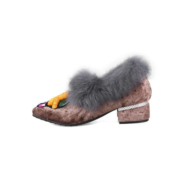 Women's Furry Mid Heeled Chunky Heels Lofers Shoes