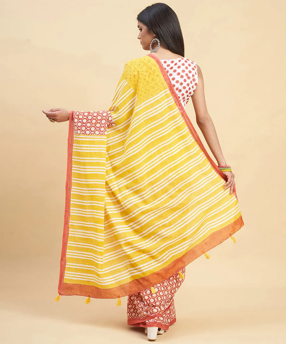 Yellow orange cotton hand block sanganeri printed saree