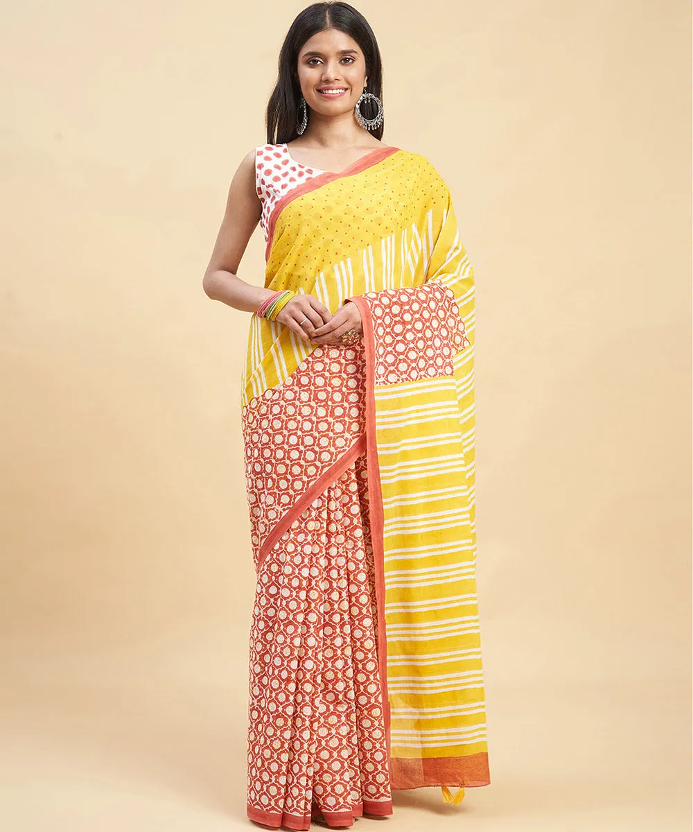 Yellow orange cotton hand block sanganeri printed saree