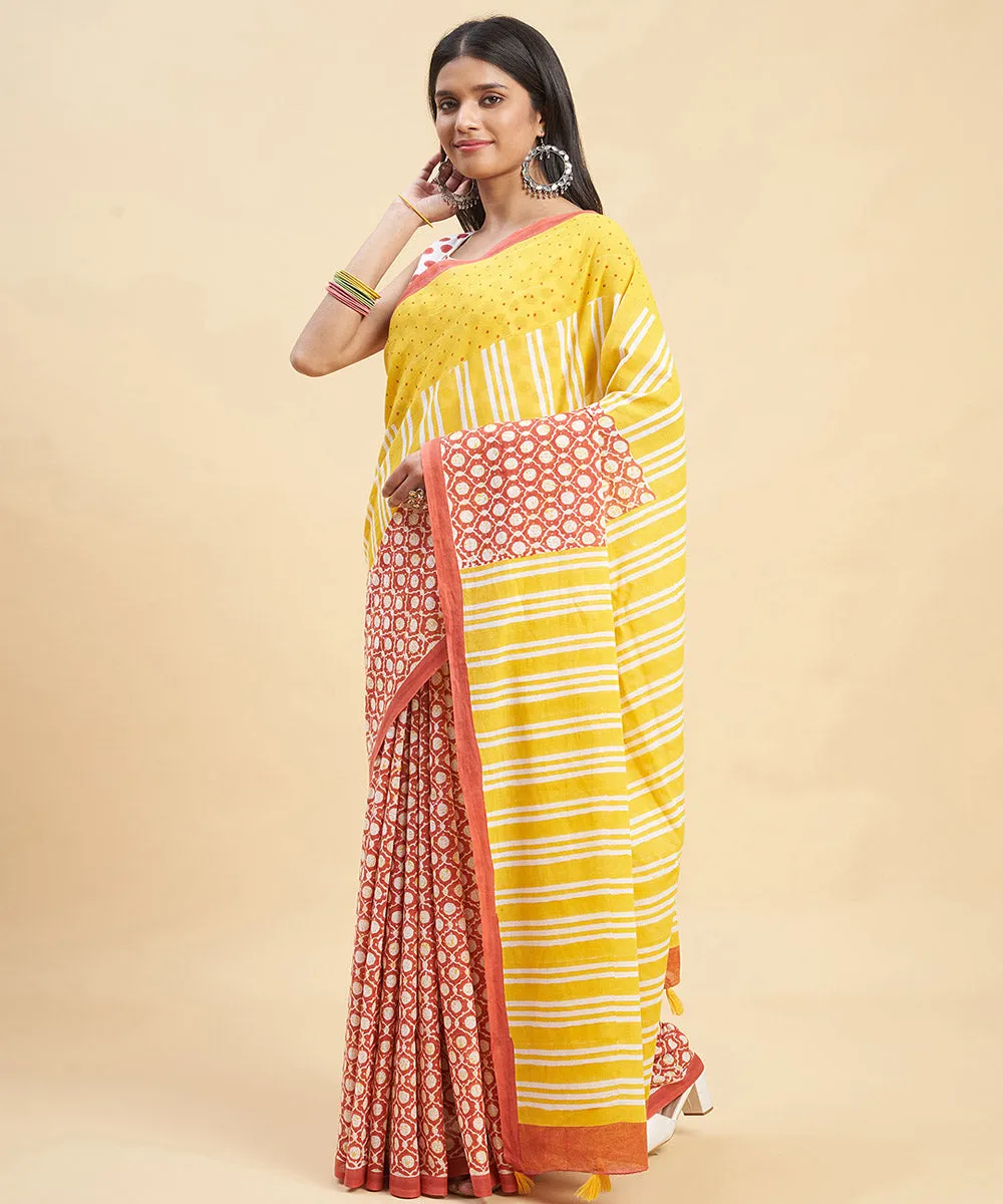 Yellow orange cotton hand block sanganeri printed saree