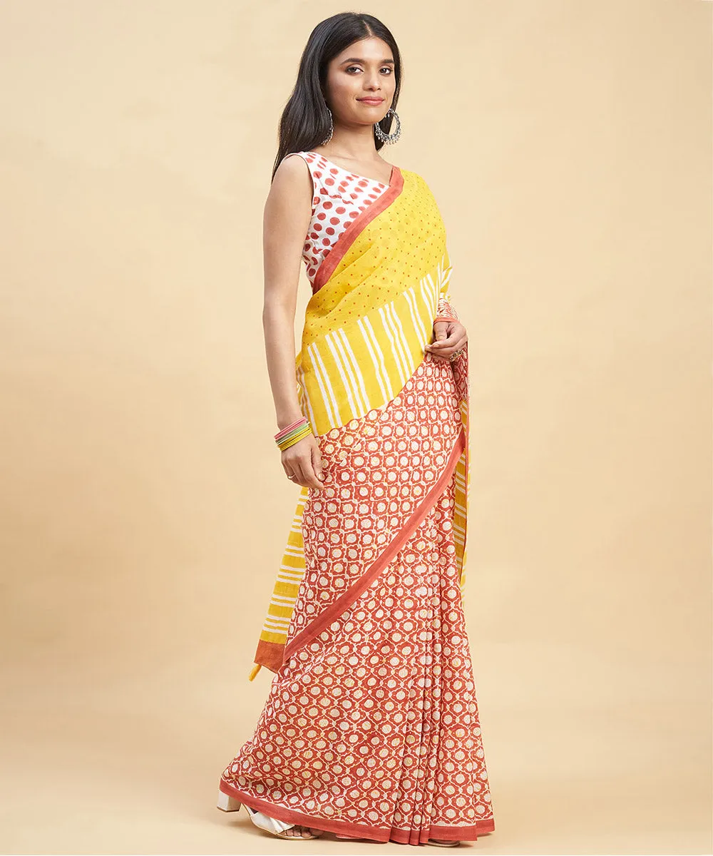 Yellow orange cotton hand block sanganeri printed saree